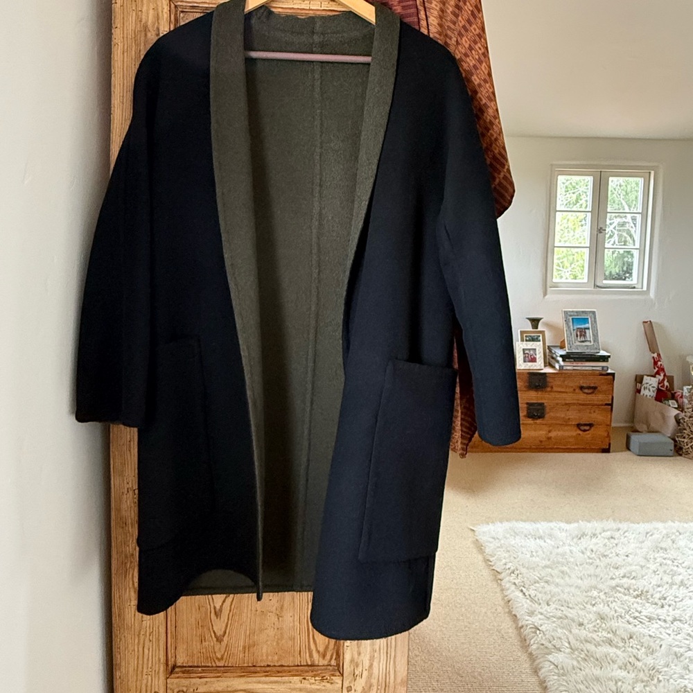 Vince Two-Tone Black and Olive Green Wool Pea Coat